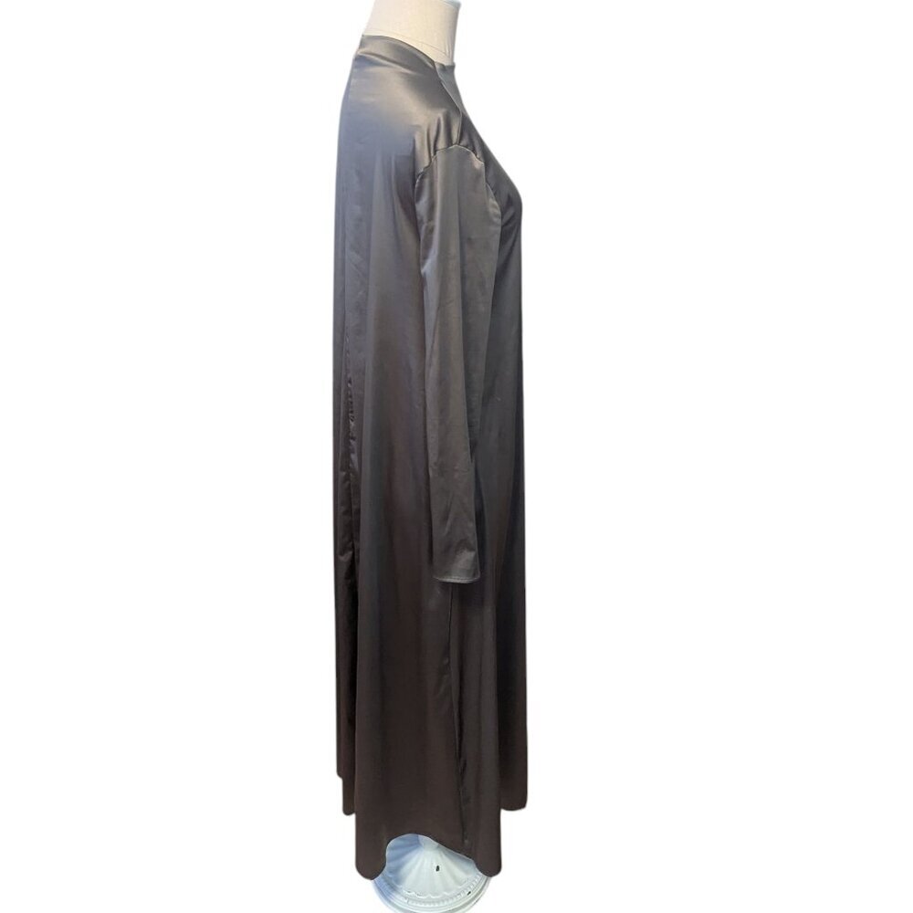 Zara Satin Dress Long Sleeve High Neck Modest Minimal A Line Stretch Maxi - Picture 3 of 8